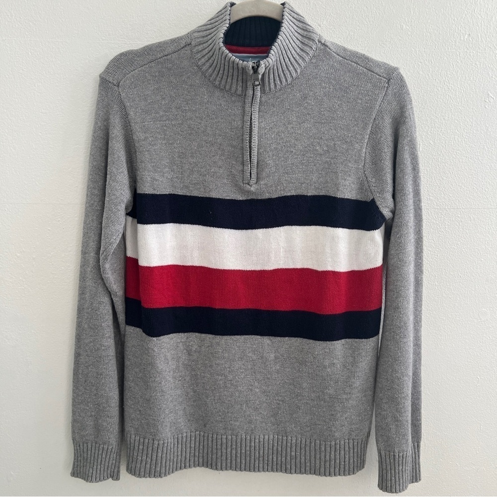 NEW Tommy Hilfiger young boys Sweater size 16 - 18 LARGE Stripes Gray 1/4 Zip-Up